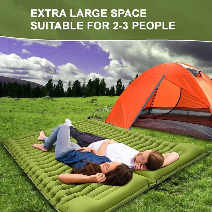 Саморозкладаний килимок для кемпінгу YuanDiann 200x140 см на 2 особи, армійний зелений, з помпою та подушкою