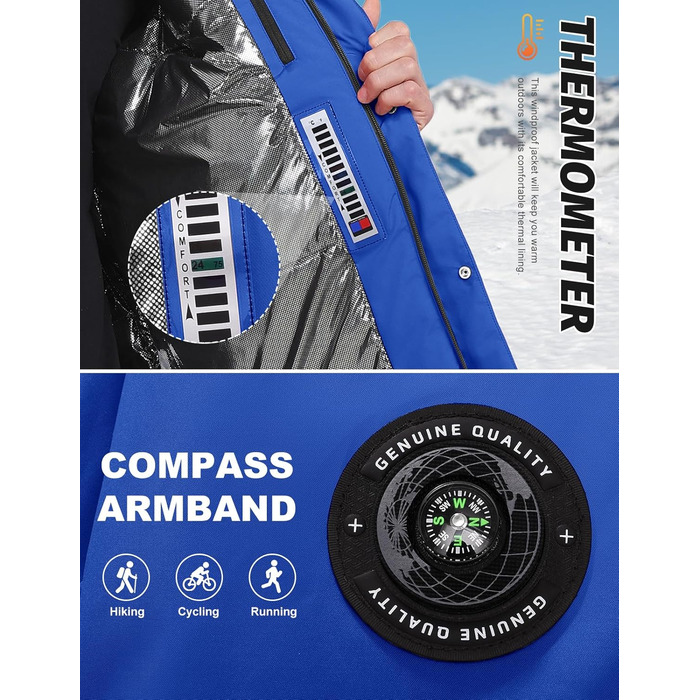 Водонепроникна зимова куртка Voqeen для чоловіків, тепла сноуборд куртка з капюшоном, вітрозахисна, для активного відпочинку, з термо-функціональною підкладкою, для походів та катання на сноуборді (Блакитний, XL)