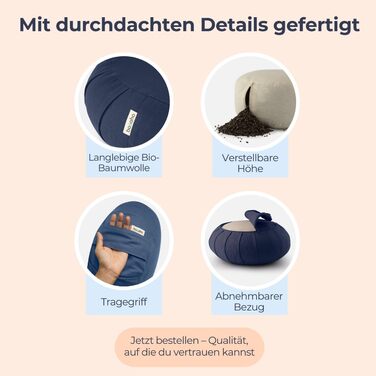 Подушка для медитації Basaho CLASSIC Zafu | З органічної бавовни, з наповнювачем з шкаралупи гречанки | Знімний та пральний чохол, колір: Чорний