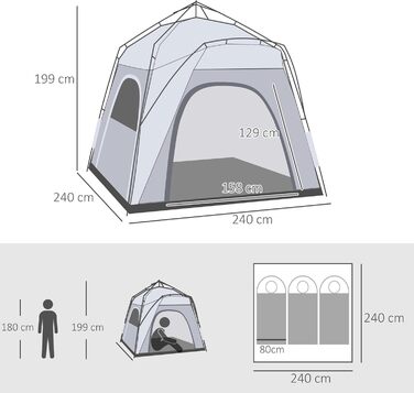 Намет Outsunny Pop-Up для 3 осіб, сірий: кемпінговий намет з UV 50+, 4 двері, вікна, підлога, водонепроникність 1000 мм