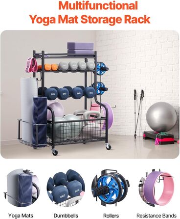 Стенд для зберігання та підтримки йогаматів та гантелей VEVOR - мобільний, з колесами та гачками, для домашніх тренувань