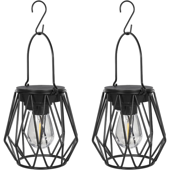 2 Сонячні ліхтарі для саду та вулиці, LED, водонепроникні, металеві, чорні, (діамант)
