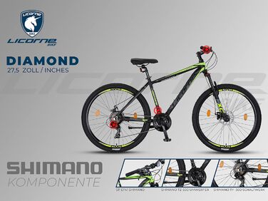 Гірський велосипед Licorne Bike Diamond Premium 27.5'' алюмінієвий, 21 швидкість, дискові гальма, регульована вилка, чорний-лайм, для хлопців, дівчат, чоловіків і жінок
