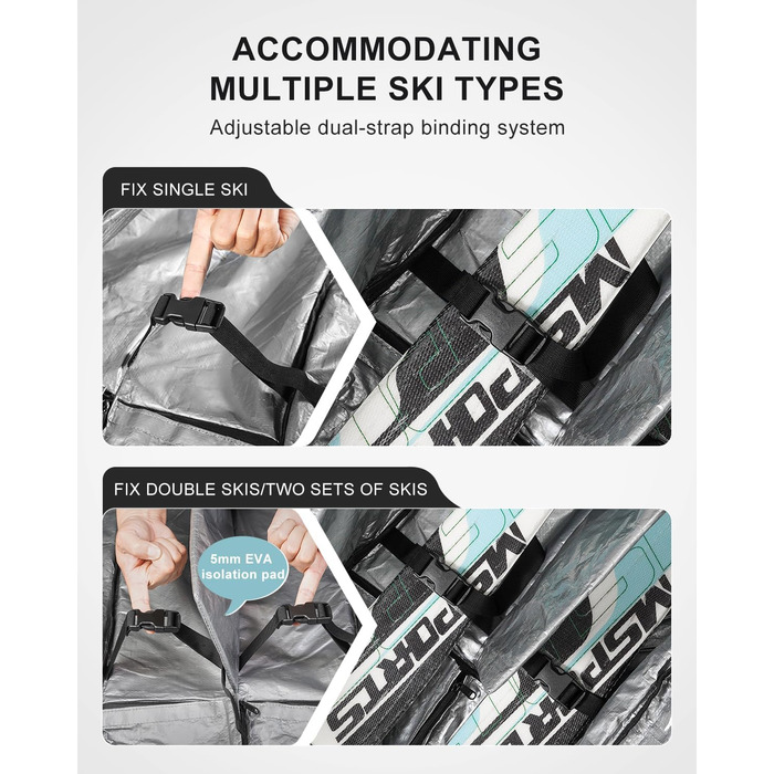 Скі-сумка Skitasche 360° з роликами, 1200D, чорна. Підходить для 175 см лиж