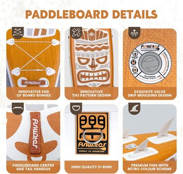 Надувна SUP-дошка FunWater Retro Tiki 11'6''x33'' з подвійною помпою, веслом, сидінням, ременем для перенесення, коричнево-біла, 3 роки гарантії, екстра довга та широка