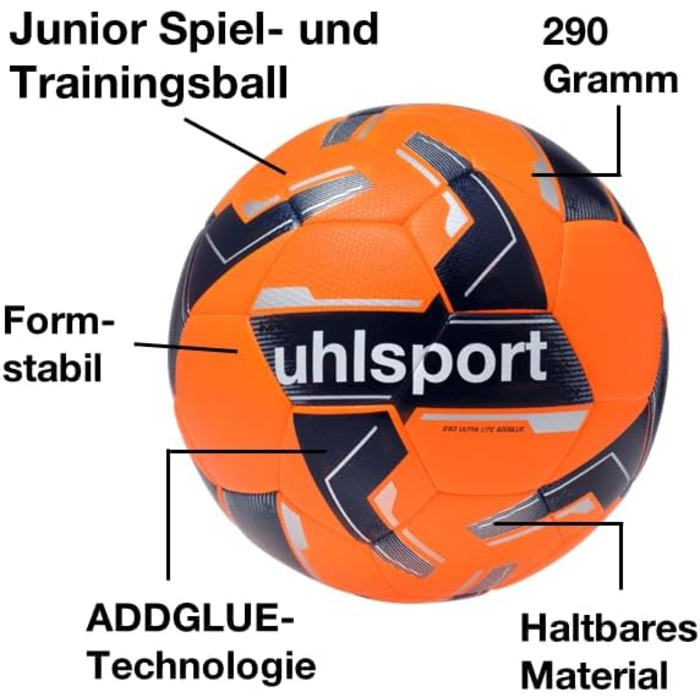 М'яч для футболу Uhlsport 290 Ultra Lite Addglue Junior - для дітей до 10 років, оранжевий/темно-синій/сріблястий