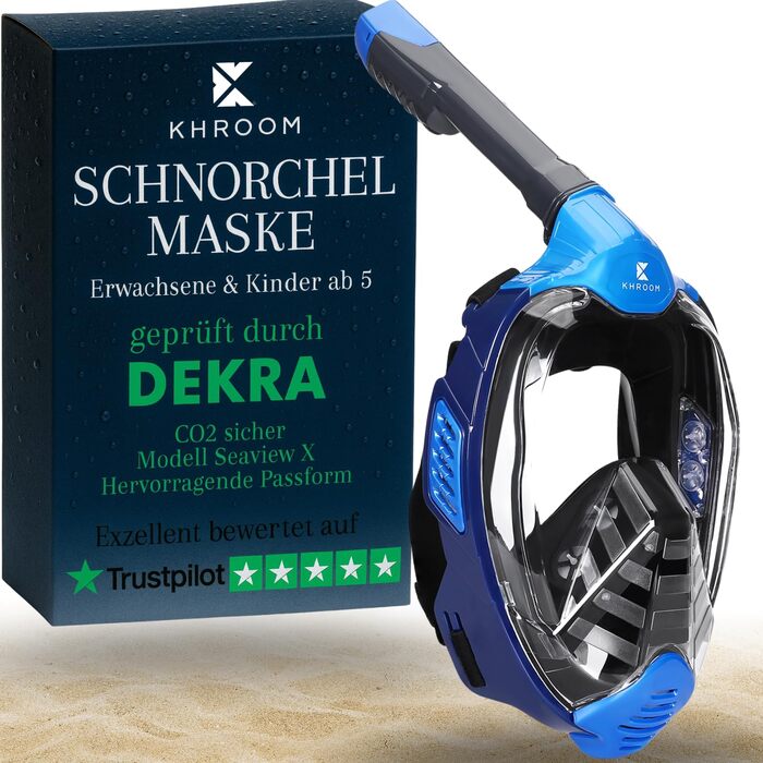 Маска для снорклінгу Khroom Seaview X (L-XL, блакитна) з CO2-фільтром | Повнолицева маска для дайвінгу та снорклінгу для дорослих та дітей (від 1.60м)