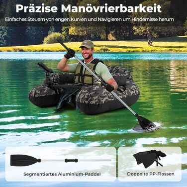 Надувний човен GYMAX для риболовлі з насосом, веслами, ластами та тримачами для вудлищ, belly boat з сіткою для риби та столиком для приманок, вантажопідйомність до 150 кг, камуфляж