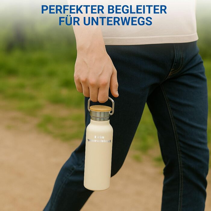 Персоналізована пляшка для води 500 мл з нержавіючої сталі, подвійні стінки, ізоляція, не протікає, з ручкою, колір: фіолетовий (бежева з текстом за бажанням)