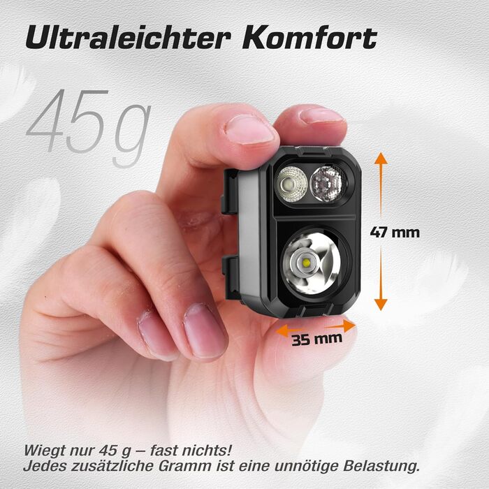 EverBrite LED налобний ліхтар: перезаряджуваний, 45г, IP67, 7 режимів, червоне/зелене світло для бігу, походів, кемпінгу (сірий)