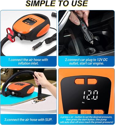 Електричний насос для SUP дошки, 20PSI, портативний, з автовимкненням та здуванням, 12V DC, для SUP, каяків, човнів, помаранчевий