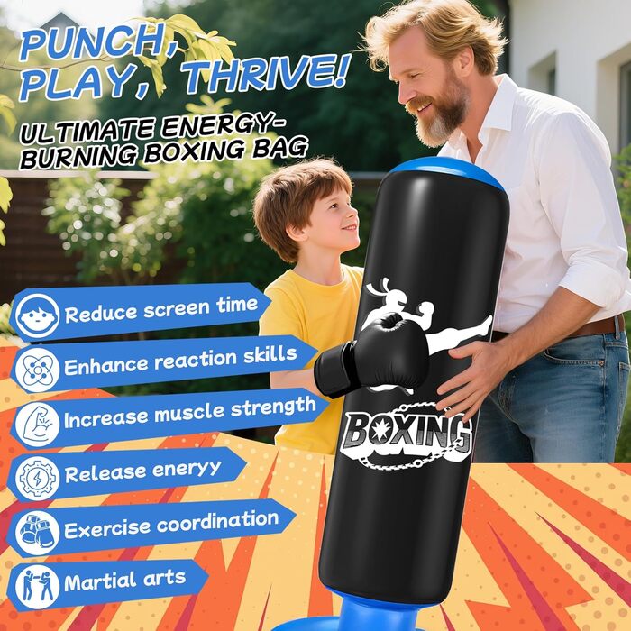 Дитячий боксерський мішок Ninonly з рукавичками, 160 см, посилений PVC, для карате, таеквондо, чорний та синій