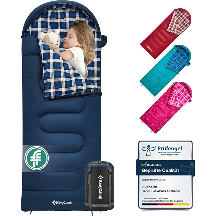 Спальний мішок дитячий KingCamp Flannel, 7°C, Navy, для дітей до 140 см, 4 сезони, водонепроникний, компактний