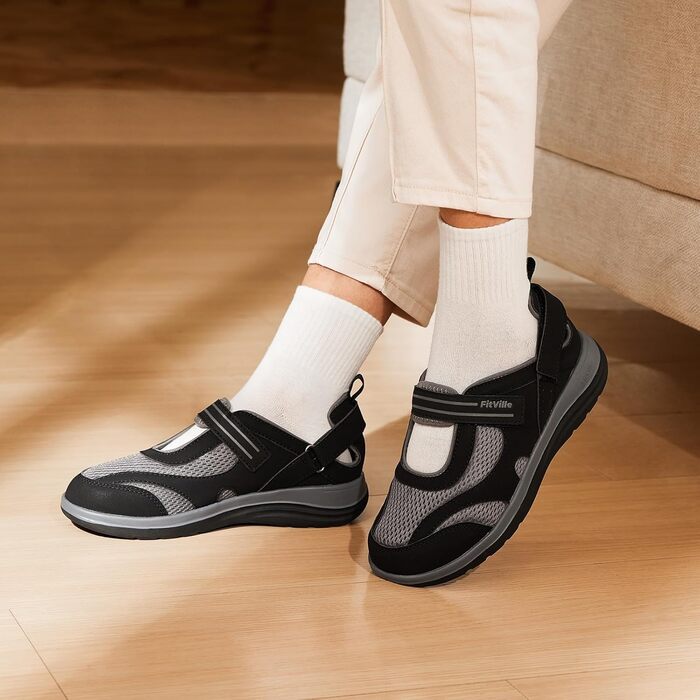 Сндалі для жінок FitVille з широкою колодкою для літніх місяців, модель Mary Jane, з застібкою на липучці (42.5 EU, чорні)