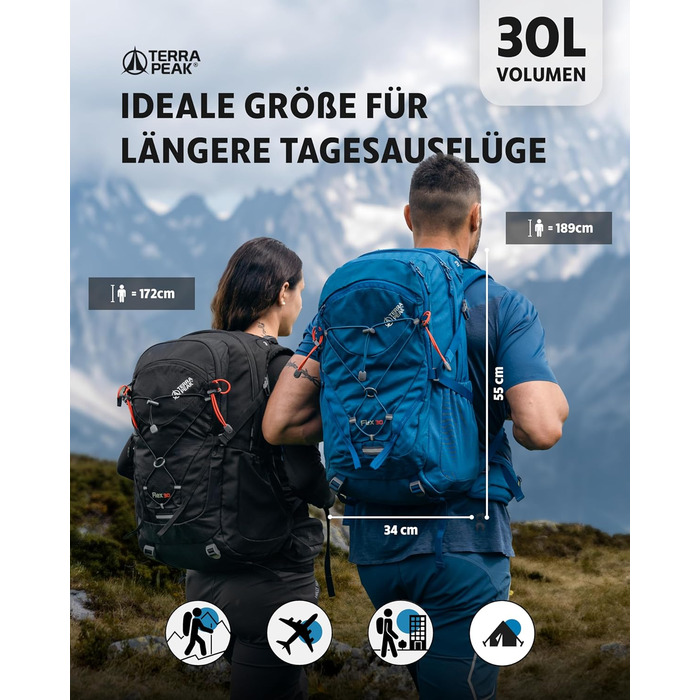 Туристичний рюкзак Terra Peak Flex 30L з вентиляцією спини, дощовиком і тримачем для питної системи – середній преміум-рюкзак для походів, 3D Air Mesh, поясний ремінь