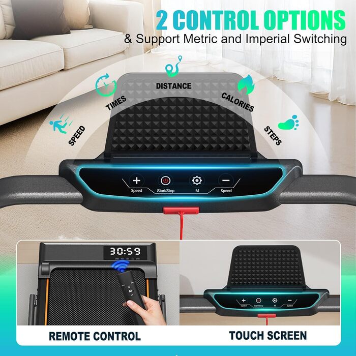ORISYN Walking Pad - бігова доріжка для дому з регулюванням нахилу 7%, потужність 2.25HP, швидкість 1-12 км/год, 7-шарова поверхня, сірий колір