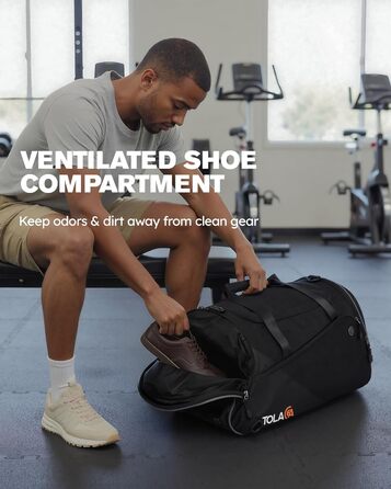Спортивна сумка Tolaccea з відділенням для взуття та мокрого одягу, 47L, чорна. Ідеальна для фітнесу, тренувань, басейну та подорожей
