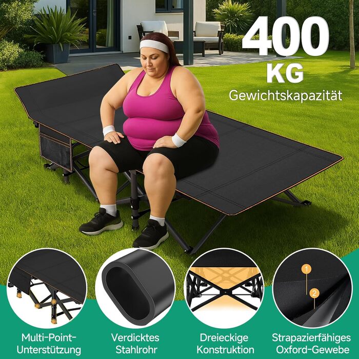 Розкладне ліжко ZIKEBTUY з матрацом, 200 кг, для кемпінгу та відпочинку, 190x71x36 см, з сумкою, сірий/чорний XL