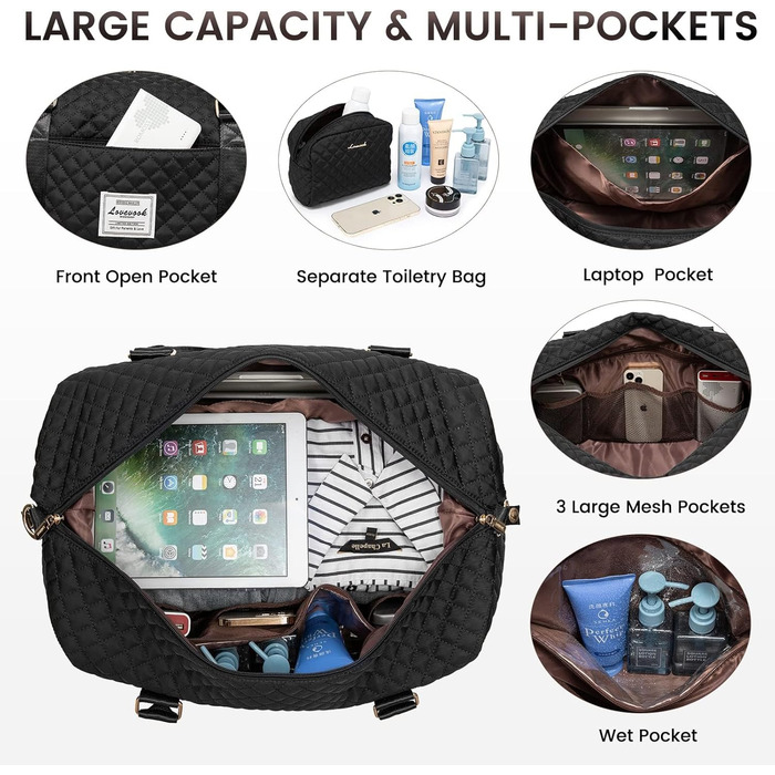 Спортивна сумка LOVEVOOK для жінок з відділенням для взуття та мокрих речей, велика дорожня сумка-вояджер, комплект з косметичкою, водонепроникна, ручна поклажа для літака, спортзал, чорна (M-2pcs)