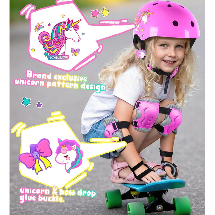 Дитячий шолом Einhorn для дівчаток з наколінниками. Захист для роликів, скейтборду, самокату та велосипеда. Розмір S (3-6 років). Рожевий колір.