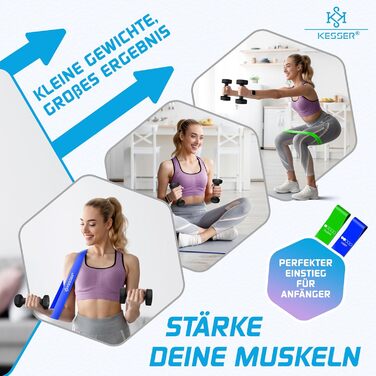 Гантелі KESSER 2 шт. 2-5 кг, неопрено, шестигранні, для фітнесу та силових тренувань, з фітнес-стрічками та посібником, для дому