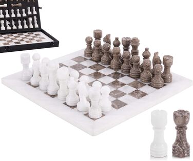 Шаховий набір з мармуру для дорослих, ручної роботи, 32 фігури, 2 додаткові королеви, коробка для зберігання, подарунок, декор (Кораловий & Темно-коричневий) (Білий & Океанічний)