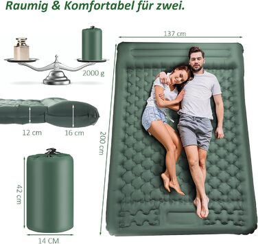 Кемпінговий килимок Jaztral самонадувний, 12 см, для відпочинку на природі, 137x200 см (подвійний).