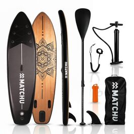 SUP дошка Matchu Komplettset – Дошка для Stand Up Paddling (SAP) – Чорна, 320x81x15 см, до 150 кг, антиковзке покриття, дерев'яний дек/мандала