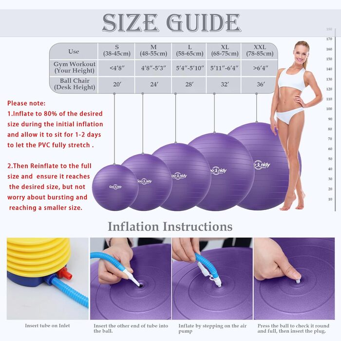Великий фітнес-м'яч для гімнастики з захистом від розриву, 58-65 см, фіолетовий