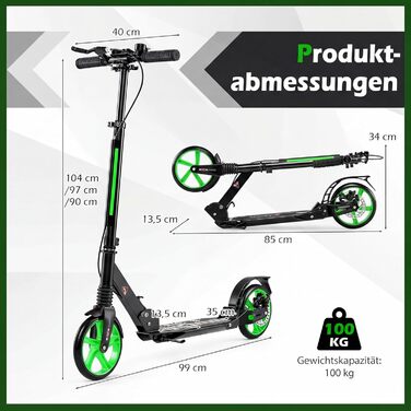 COSTWAY Розкладний самокат для дітей та дорослих, зелений, з дзвіночком та підставкою, до 100 кг