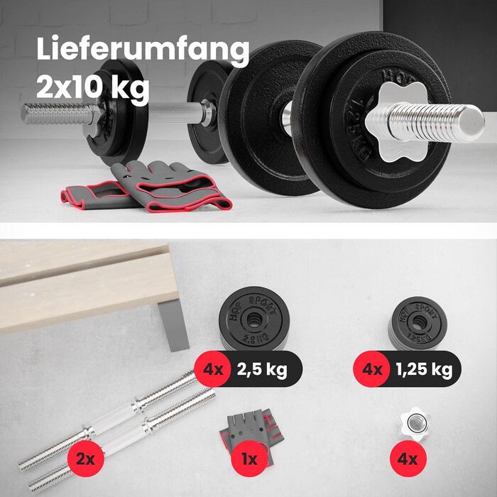 Набір гантелей Hop-Sport з чавуну 2 x 10 кг (20 кг) – комплект для фітнесу, бодібілдингу, силових тренувань
