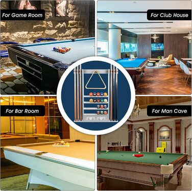 Стенд для більярдних кийків 2-в-1 з лічильником очок, на 6 кийків, повний комплект м'ячів та аксесуарів, з дерева та гуми, сірий, білий