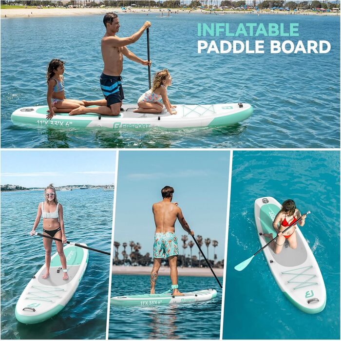 FBSPORT Stand Up Paddling Board (SUP) 335см: надувний сапборд для дорослих з антиковзким покриттям, 160кг, комплект з веслом, насосом та аксесуарами для йоги, подорожей та серфінгу (м'ятний)