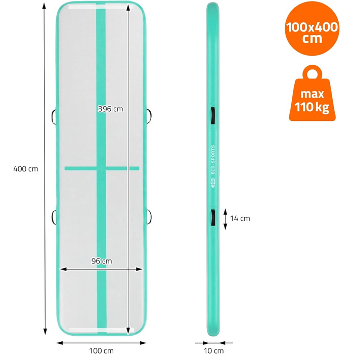 Гимнастичний мат Airtrack ECD Germany для тумблінгу та фітнесу, надувний мат для спорту та йоги з електричним насосом та сумкою, м'ятно-зелений (400 x 100 x 10 см)