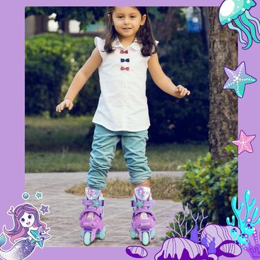 Дитячі ролики Kinder Rollschuhe для дівчаток та хлопчиків, Єдиноріг, Русалка, світлові колеса, 4 розміри, регульовані, для початківців, подарунок на Новий рік та день народження (XS(27~30), Русалка фіолетовий)