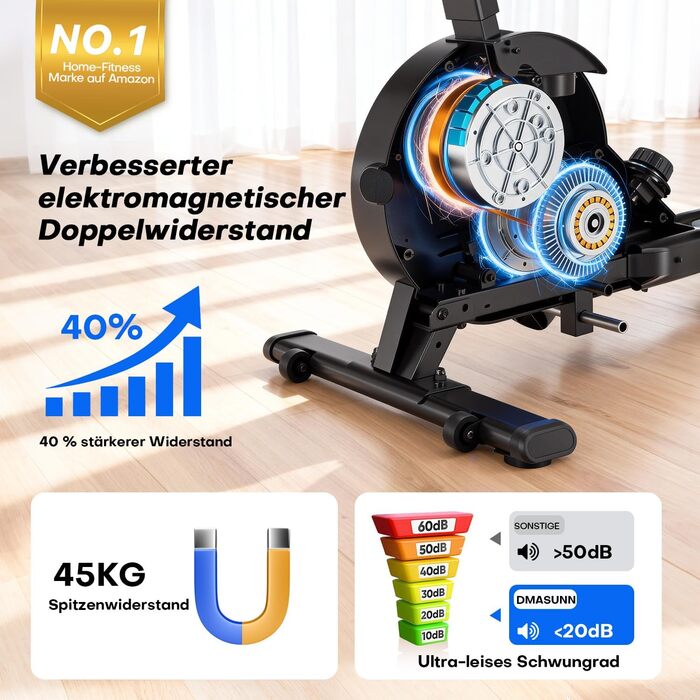 Гребний тренажер DMASUN для дому з магнітною системою опору, 16/32 рівні навантаження, LCD-дисплей, до 160 кг, чорний