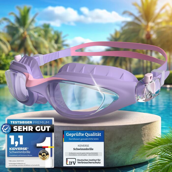 Дитячі окуляри для плавання Kidverse - Комфортні окуляри для дайвінгу для дітей 3-13 років з UV-захистом та антизапітнієвим покриттям - Окуляри для плавання для дівчаток та хлопчиків (фіолетово-рожеві)