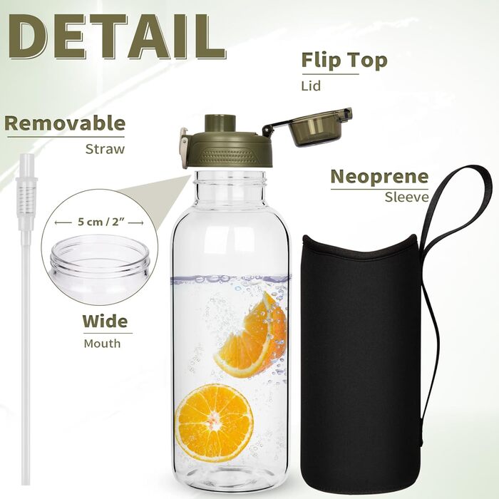 DEARRAY Скляна пляшка для води 1.5 л з трубочкою, захисним чохлом, без BPA, герметична, для спорту, смузі, фруктів, газованої води, зелена кришка