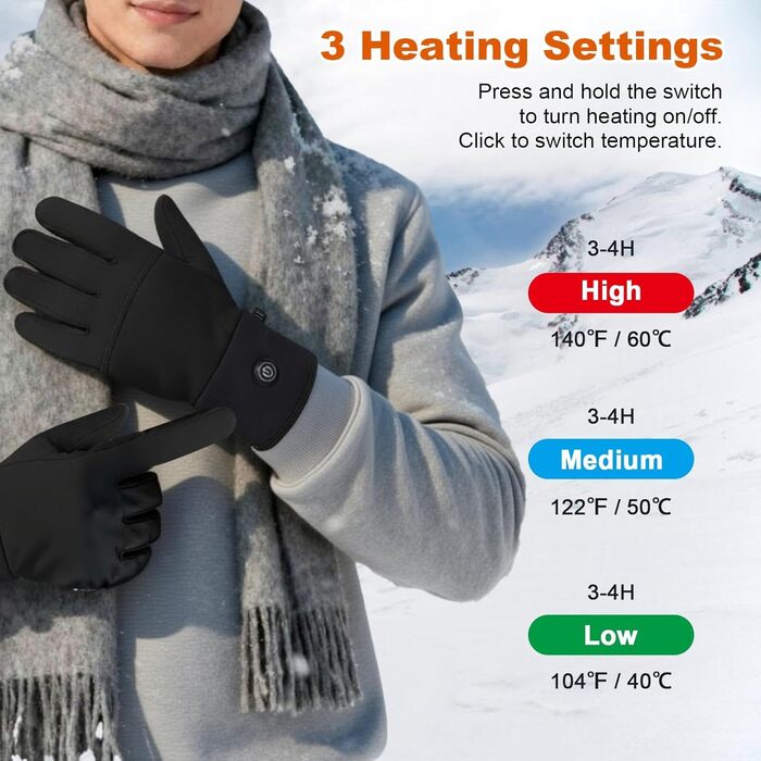 Обогревні рукавички-внутрішні рукавички для чоловіків та жінок, акумулятор 7,4 В, 3 режими нагріву (40-65°C), сенсорний екран, для роботи на відкритому повітрі, зимових видів спорту (XS-S)