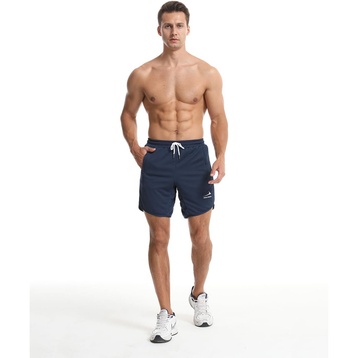 Чоловічі спортивні шорти для бігу та фітнесу з кишенею на блискавці, темно-синій колір / з петлею для рушника