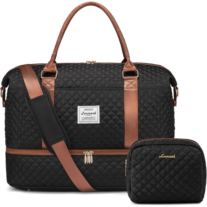 Спортивна сумка LOVEVOOK для жінок, велика з відділенням для взуття та мокрих речей, дорожня сумка-мішок, комплект з косметичкою, водонепроникна, ручна поклажа для літака, спортзал (M-2шт, чорно-коричнева)