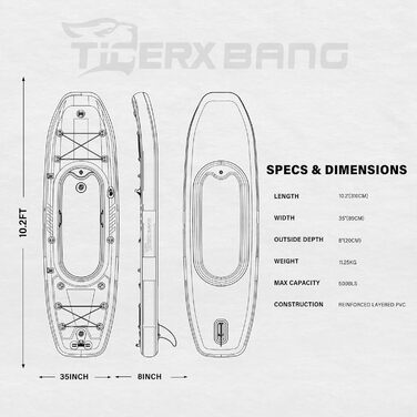 Надувний каяк TIGERXBANG 310x89x20 см з від'ємним сидінням, SUP-набір з ручним насосом, алюмінієвим веслом і рюкзаком, для дорослих і дітей, для риболовлі та туризму