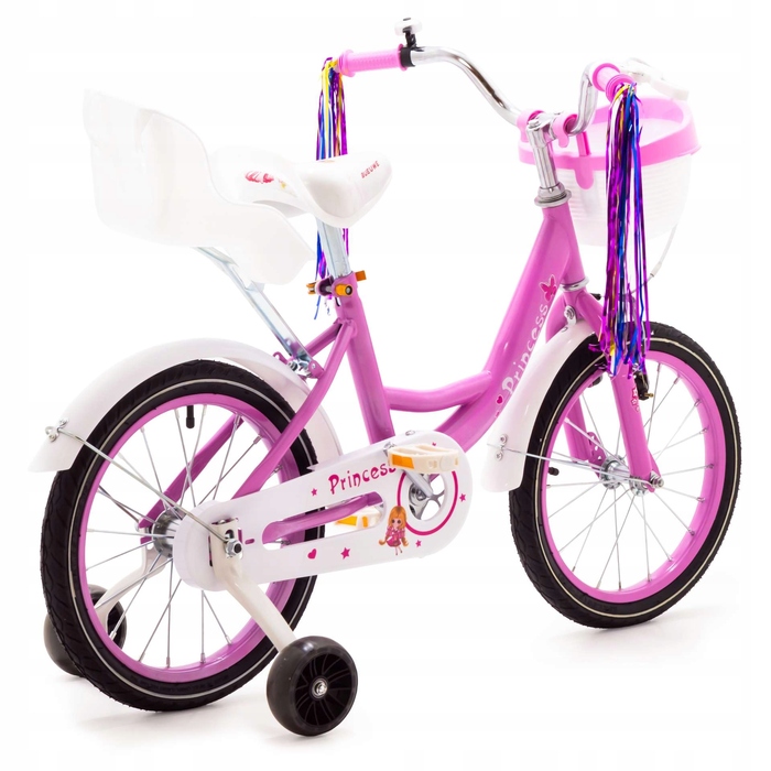 Дитячий велосипед 16 дюймів для дівчинки, рожевий, зі стрічками та сидінням