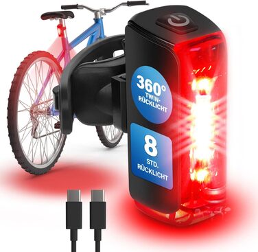 Фаришру LED акумуляторний задній ліхтар для велосипеда, велосипедна підсвітка, перезаряджається, захист IPX4, чорний, акумуляторний задній ліхтар TWIN (акумуляторний задній ліхтар TWIN 2.0)