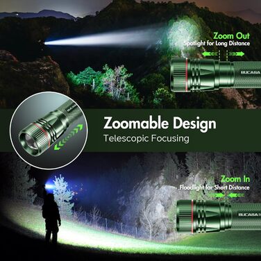 Ліхтарик LED BUCASA, 2000 люмен, 3 режими, збільшення, водонепроникний, для кемпінгу та активного відпочинку (зелений)