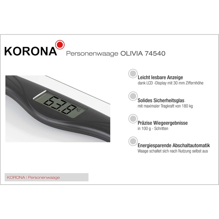 Ваги підлогові Korona OLIVIA 74540, електронні, скляні, 180 кг, LCD-дисплей, чорні, батарейки в комплекті