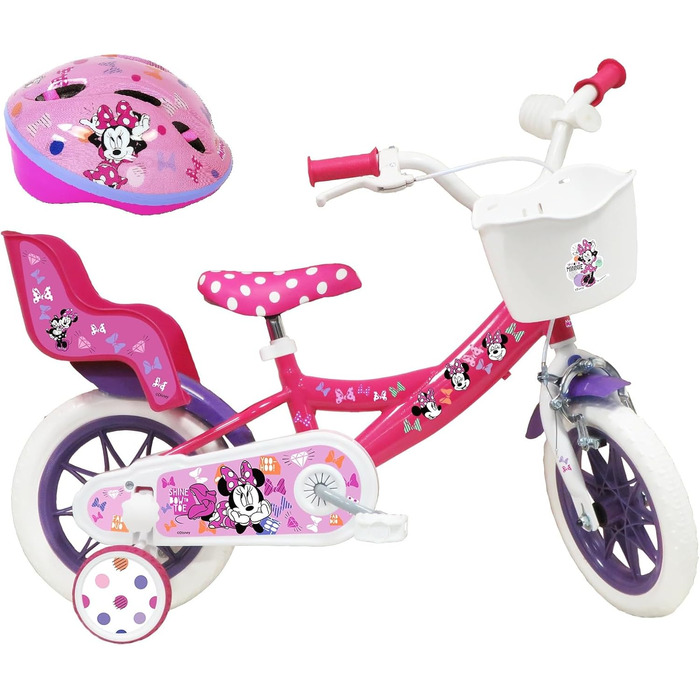 Дитячий велосипед 12 дюймів Disney Minnie Mouse з кошиком, тримачем для ляльки, гальмом, захисним щитком і шоломом, рожевий, для дівчаток