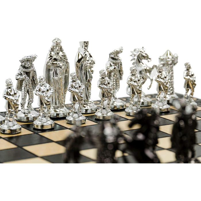 Розкішні шахи «Середньовіччя» Silver Edition 40 см — металеві шахові фігури та велика декоративна дерев'яна дошка