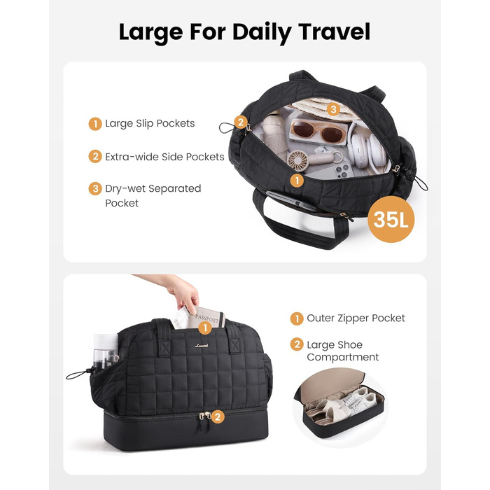 Сумка-валіза LOVEVOOK для жінок, 35L: легка дорожня сумка-шопер, спортивна сумка з відділенням для взуття та мокрих речей, ручна поклажа для подорожей, чорна