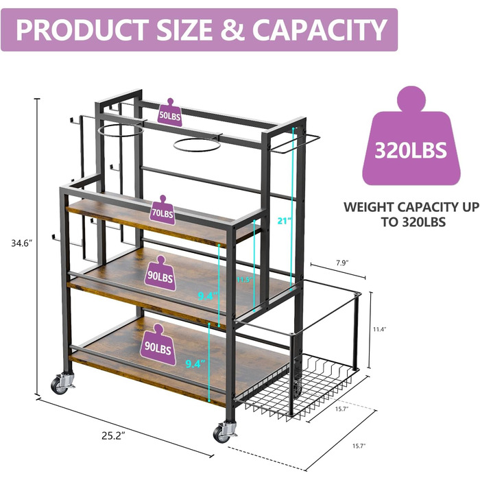 Стійка для зберігання обладнання для дому EasyCom: гантелі, гирі, ролик для пресу, килимок, стрічка, еластичні стрічки. З гачками та колесами, чорний колір